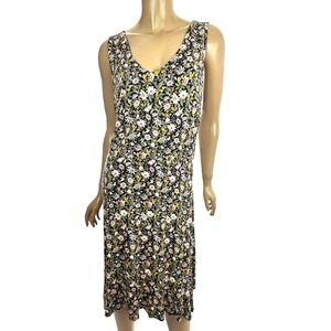 Loft Sleeveless  Dress Size 14 Fit &Flare Black w Pink & Gray Floral Soft Rayon